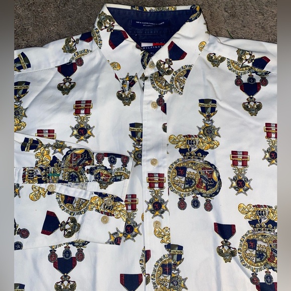 Vintage Tommy Hilfiger Crest Print Button Down Shirt 90s All Over Cotton M - Picture 2 of 10